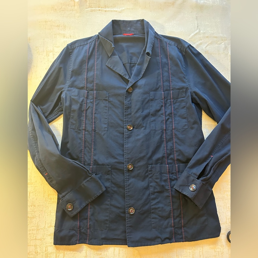 Men’s Cotton Navy Blue & Red Accent Carolina Herrera Button Down Shirt - Size 42
